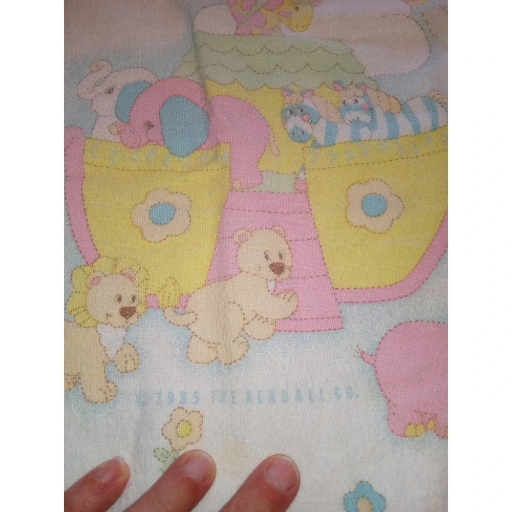 Vintage 1985 Curity Noahs Ark Baby Blanket‎ Pastel Animals Flannel Kendall Co